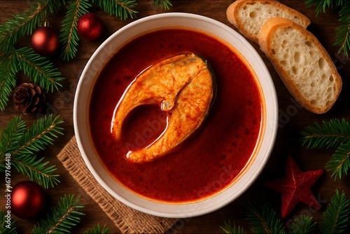 Traditional Hungarian fish soup (halászlé) served in a porcelain bowl on a festive Christmas table