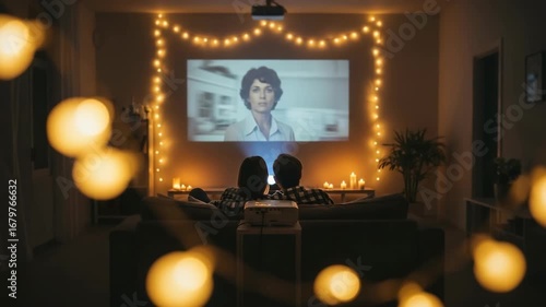 Couple enjoys movie night at home with projector and fairy lights. Romantic evening includes watching film on big screen.