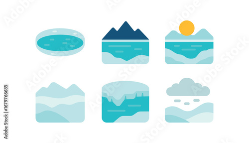 vector colorful flat filled icons subglacial lake (wide view): icy surface distant peaks pale blue glow snow covered surroundings edge cloudy sky.