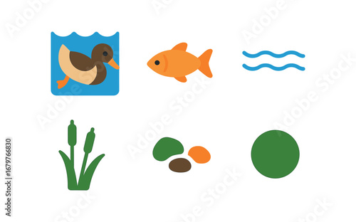 vector colorful flat filled icons duck diving (wildlife): duck underwater fish swimming ripples above reeds small pebbles green light.