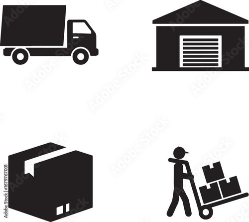 Black and white vector icons representing logistics delivery warehouse and shipping industry with transport cart
