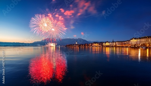 a breathtaking fireworks display over the serene waters of lake geneva in switzerland with reflections shimmering in the calm lake