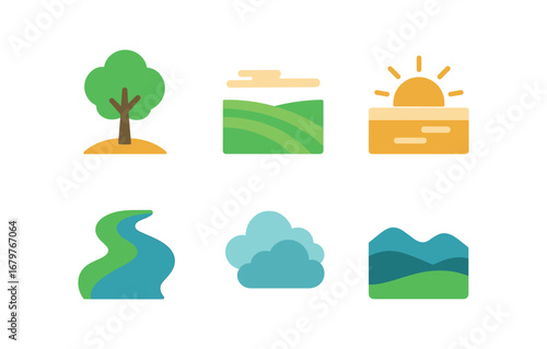 vector colorful flat filled icons reverie (nature): lone tree misty field sunrise quiet stream soft clouds distant hills.