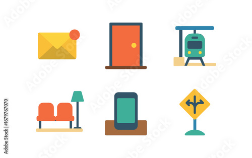 vector colorful flat filled icons uncertainty (daily life): unread letter closed door train platform waiting room phone on table turning point.
