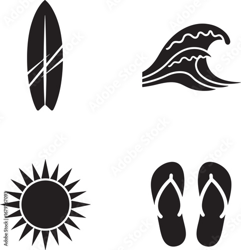 Black and white vector illustration of summer vacation themed icons with a surfboard wave sun and flip flops