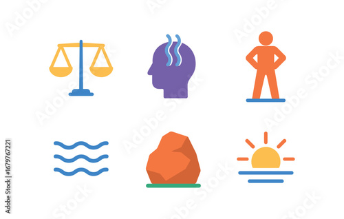 vector colorful flat filled icons composure under stress (symbols): balanced scale deep breath firm stance calm water solid rock sunrise.