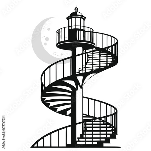 Moon shining through spiral step silhouette