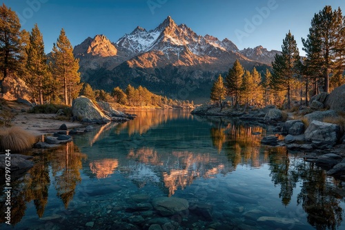 Serene mountain lake at dawn.  Golden light reflects off a crystal clear lake, mirroring the snow-capped peaks.  Autumn trees line the shore
