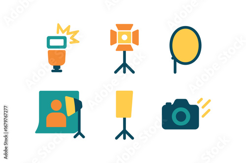 vector colorful flat filled icons flash (photography): camera flash studio light reflector portrait setup softbox high speed capture.