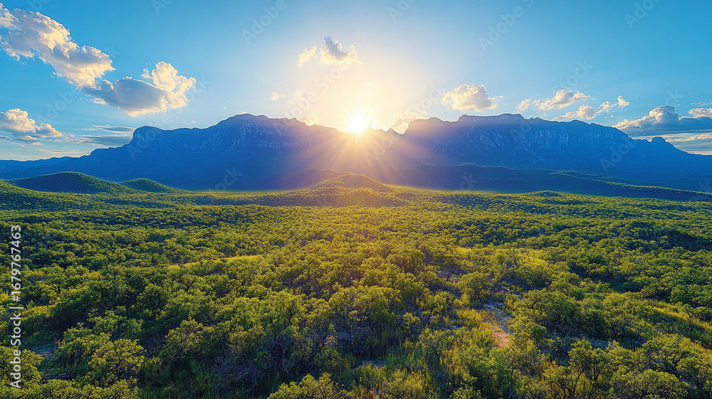 Obraz premium Lush Green Landscape and Majestic Mountains at Sunset