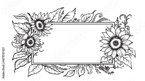 Sunflower line art frame with lush floral arrangement, detailed hand drawn botanical illustration, rectangular border for invitations and elegant design projects