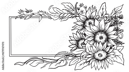 Large sunflower floral frame hand drawn in elegant line art style, detailed botanical border for wedding invitations, posters, banners, greeting cards and rustic decor
