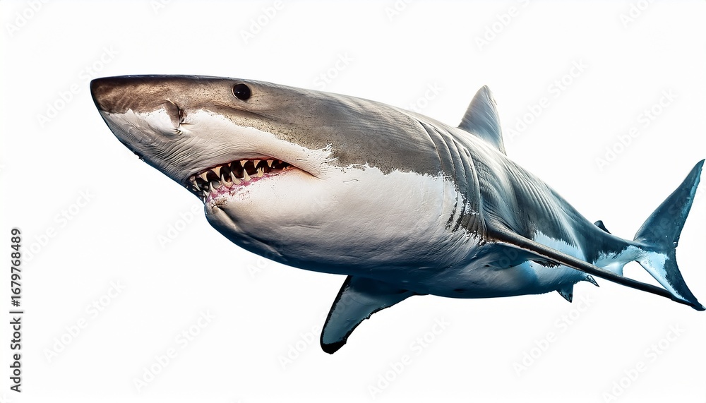 Naklejka premium great white shark swimming powerfully in the ocean showing sharp teeth and muscular body representing marine life predator strength and nature isolated on white background