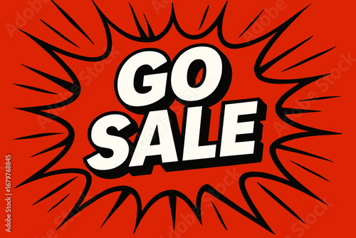 SALE graphic poster style crisp flat vector speech bubble with the text ' SALE' inside bold white letters with black outline surrounded by dynamic impact lines placed on vivid red comic.