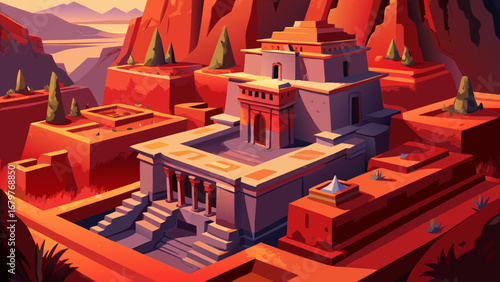 Lalibela Rock-Hewn Churches, Ethiopia, appear carved into volcanic rock, connected by sunken courtyards and tunnels. Crimson light across textured facades; semi-realistic flat vector capturing depth, 