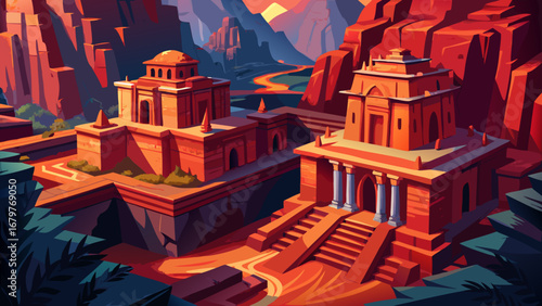 Lalibela Rock-Hewn Churches, Ethiopia, appear carved into volcanic rock, connected by sunken courtyards and tunnels. Crimson light across textured facades; semi-realistic flat vector capturing depth, 