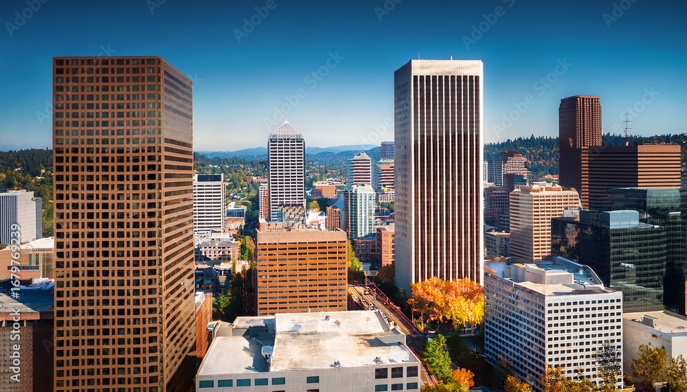 Fototapeta premium downtown skyline of portland oregon shown in extreme close up