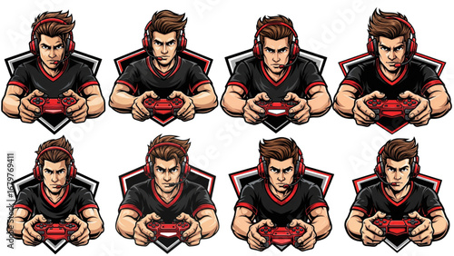 Pro Gamer Logo Set – Esports Mascot with Headset, Red Controller, V-Neck Shirt, and Angular Badge