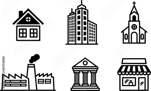 Urban buildings icons including house church factory bank and shop vector illustration 