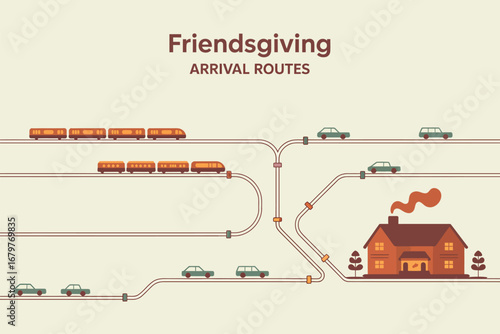 Illustration of trains and cars arriving at a house on various routes for friendsgiving celebration