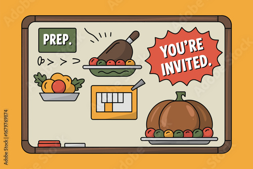 A whiteboard illustration showcasing thanksgiving preparations and an invitation to celebrate together