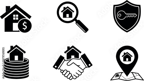 Real estate icons set with house, money, magnifier, shield, handshake, and map pin vector illustration 