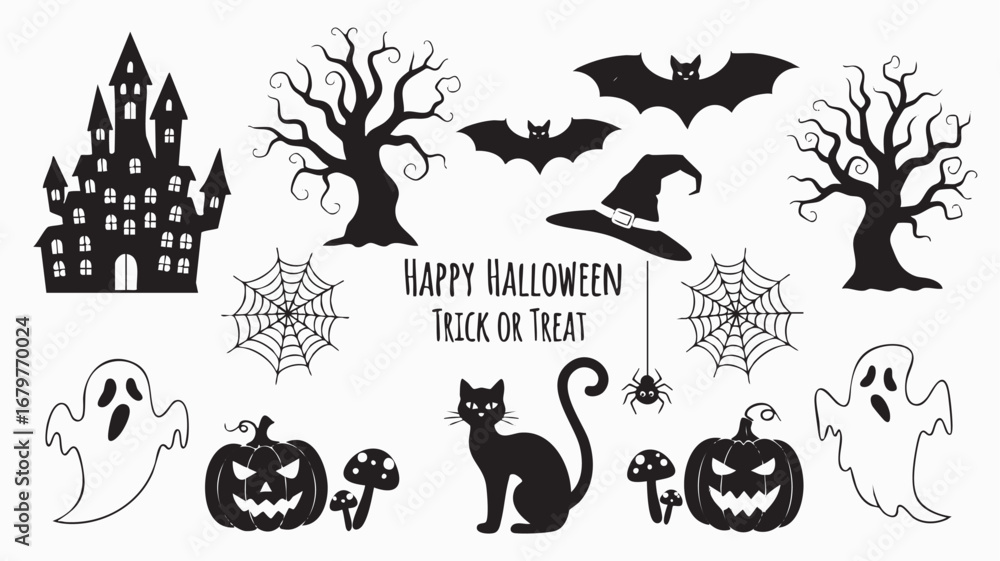 Obraz premium Halloween Silhouette Mega Pack – Ghosts, Skeletons, Haunted Houses, Bats, Pumpkins & More in Black Graphics for Party Decor & Digital Design