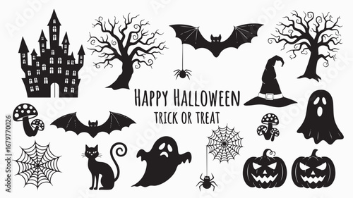 Halloween Silhouette Mega Pack – Ghosts, Skeletons, Haunted Houses, Bats, Pumpkins & More in Black Graphics for Party Decor & Digital Design