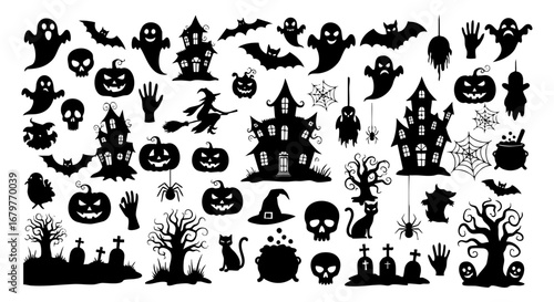 Halloween Silhouette Icon Pack – Spooky Black Graphics of Pumpkins, Ghosts, Bats, Witches, Haunted Houses, and More for Decor & Design