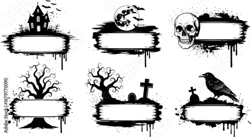 Halloween spooky graphic banners with haunted house skull tree and graveyard elements vector 
