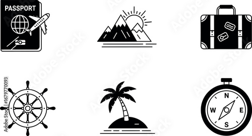 Travel and Vacation Icons Passport Suitcase Compass Palm Tree Vector Set 