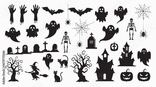 Halloween Silhouette Icon Pack – Spooky Black Graphics of Pumpkins, Ghosts, Bats, Witches, Haunted Houses, and More for Decor & Design