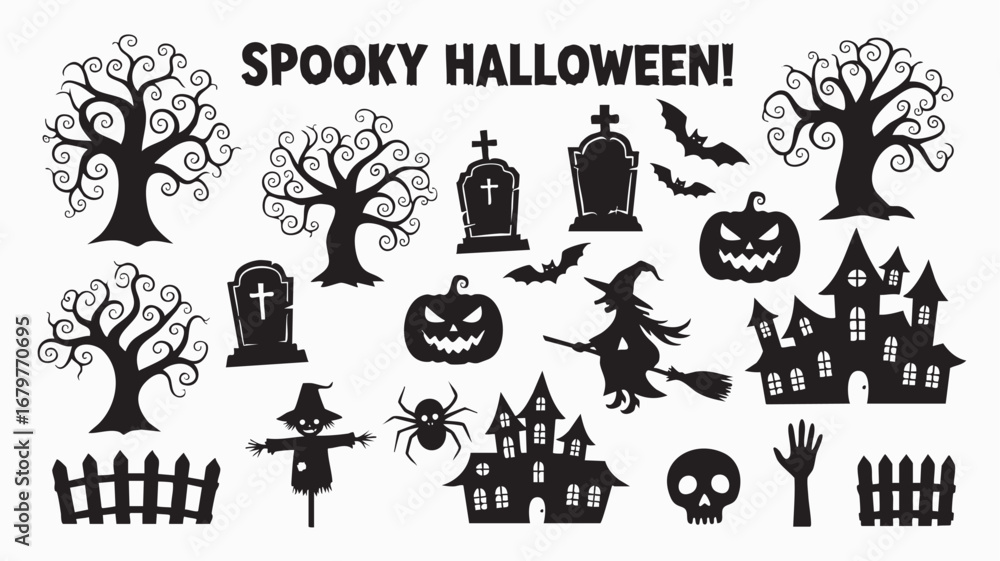 Obraz premium Halloween Silhouette Mega Pack – Ghosts, Skeletons, Haunted Houses, Bats, Pumpkins & More in Black Graphics for Party Decor & Digital Design
