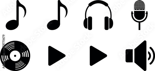 Music icons set with notes headphones microphone vinyl play buttons and speaker vector illustration 