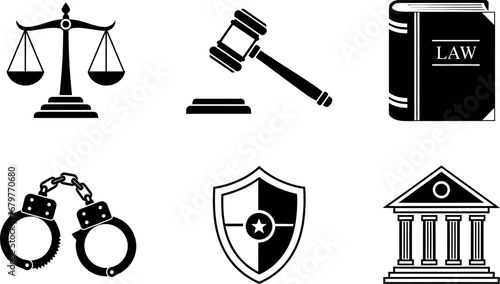 Legal Justice Law Symbols Scales Gavel Book Handcuffs Shield Courthouse Vector Illustration 