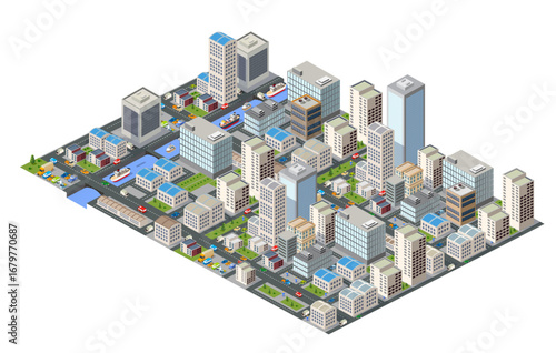 Modern isometric city with skyscrapers, buildings, roads, cars, and river with ships