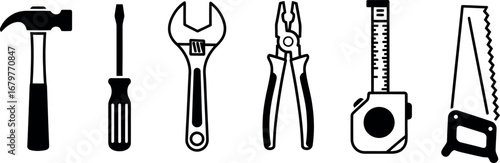 Hand tools hammer screwdriver wrench pliers tape measure saw vector illustration set 