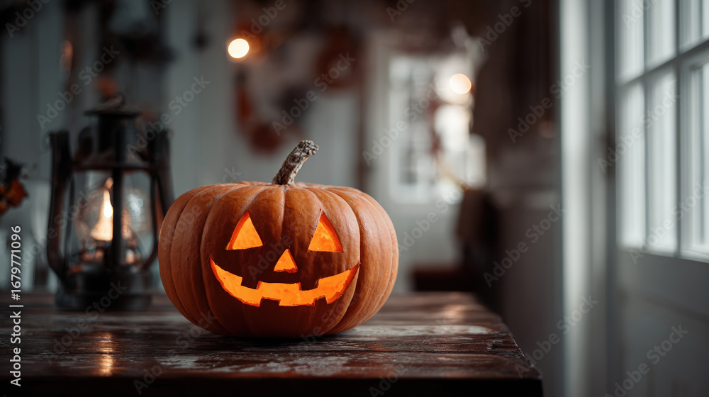 Fototapeta premium Happy Halloween! Pumpkin Jack lantern with for family holiday at home