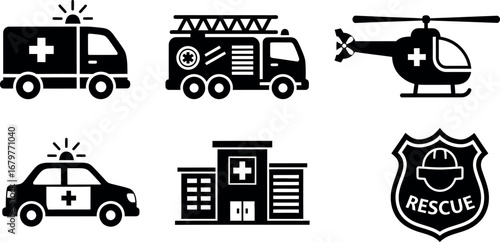 Emergency rescue vehicles ambulance fire truck helicopter police car hospital building badge vector illustration 