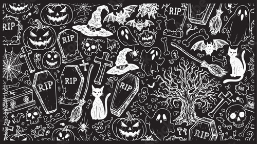 Black and White Halloween Pattern with Ghosts, Pumpkins, Bats, Coffins, Cats, and Spooky Icons – Seamless Vector Background for Seasonal Decor
