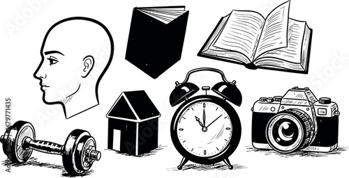 Collection of black and white simple vector icons featuring human head, book, camera, clock, dumbbell, and house 