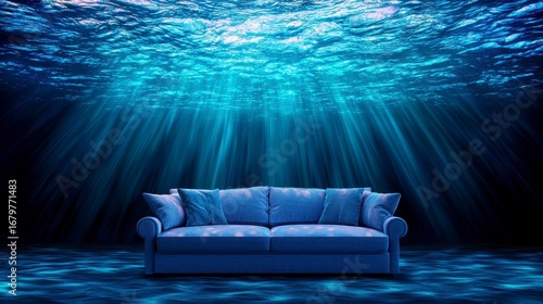 A surreal blue couch submerged in deep water with rays of light piercing the surface, creating an ethereal atmosphere