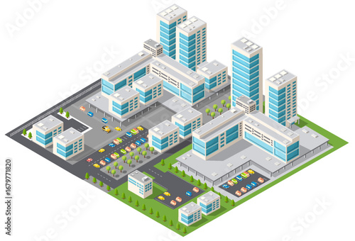 Modern isometric city center with skyscrapers, offices and parkings