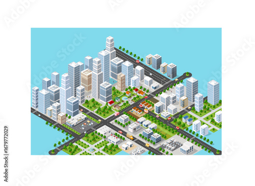 Modern isometric city with skyscrapers, factories, houses, roads, and parks