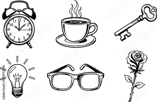 Vintage alarm clock coffee cup key light bulb glasses rose vector illustration set 