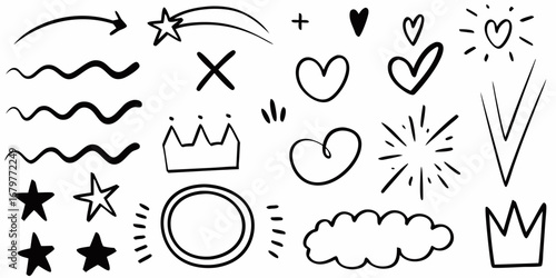 Collection of hand drawn doodle elements including arrows stars hearts crowns waves and more on a white background
