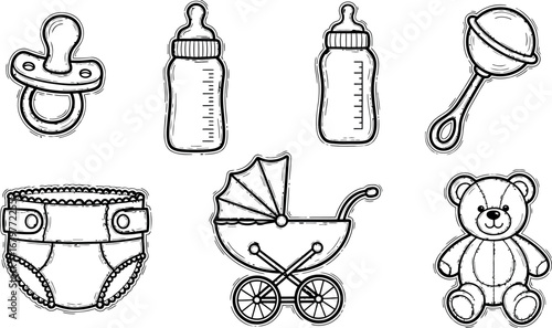 Baby essentials collection pacifier bottles rattle diaper stroller teddy bear vector 