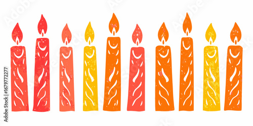 A row of colorful hand drawn style birthday candles in shades of red orange and yellow with a textured effect