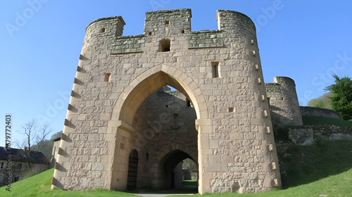 The ancient stone arched entrance to a castle that once stood below the Trogladytic Fort at La Roque-Gageac in the Dordogne region of France