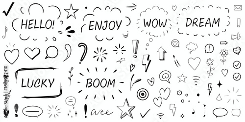 Collection of hand drawn doodle elements including words like hello enjoy wow dream lucky boom and various icons like hearts stars checkmarks and speech bubbles